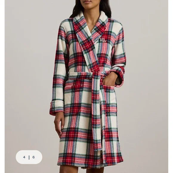 Ralph Lauren Women's Plush Soft Plaid Shawl-Collar Robe Cream Red MEDIUM NEW